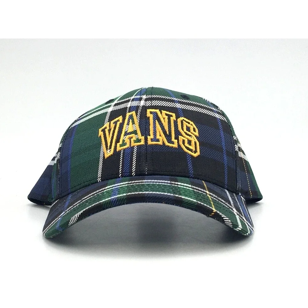 VANS LOGO STRUCTURED JOCKEY HAT BALL CAP PLAID GREEN UNISEX New